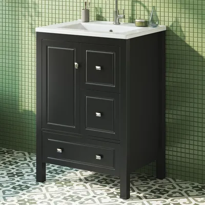 Produktbild von STILVORA Badezimmerwaschtisch mit Keramikbecken, Badschrank mit großem Stauraum, Waschbeckenunterschrank mit Soft-Close-Scharnieren Schwarz