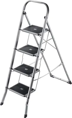 Produktbild von Faltleiter Stahl - Stehleiter mit Tragfähigkeit bis 150 kg, Klappschutz und rutschfesten Stufen (4 Stufen)