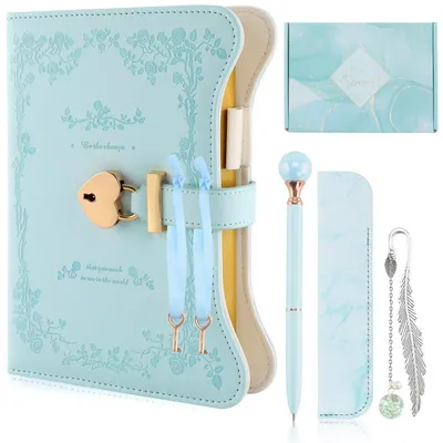Produktbild von Tagebuch mit Schloss und Schlüssel Geschenkset für Mädchen | 360 Seiten Goldrand Notizbuch mit Federmäppchen und Schreibset | Blau