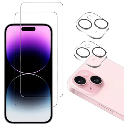 Produktbild von Gehäuse aus gehärtetem Glas für iPhone 15 und Kameraschutz [2er-Pack] Displayschutzfolie  Phonillico®