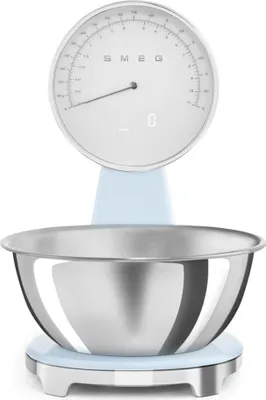 A kitchen scale with a stainless steel bowl.