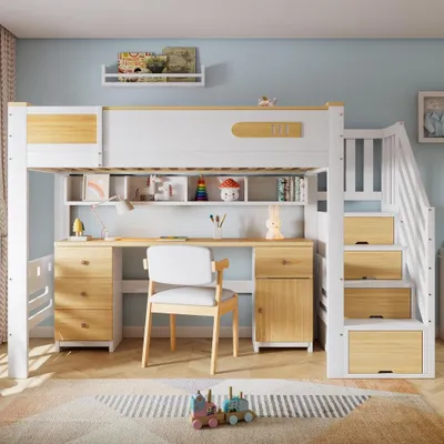 Produktbild von Hochbett 90x200cm aus Holz mit Schreibtisch, Schubladen, Stauraumtreppe und Hängeregal, Weiß Natur, platzsparend für Kinderzimmer