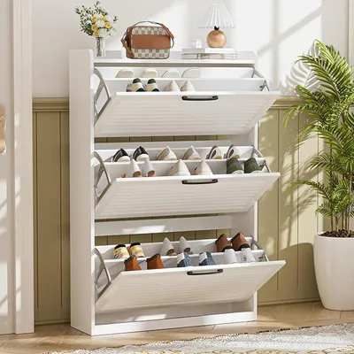 Imagen del producto de Armario para zapatos estrecho, zapatero con puerta de listones, estante para zapatos con 3 puertas