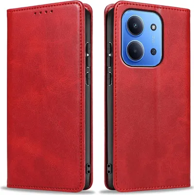 A red flip phone case is shown from two angles, displaying the front and back camera area.
