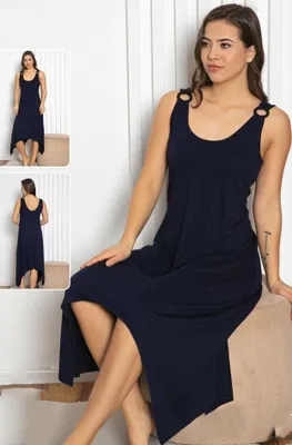 Produktbild von Damen Pyjama Schlafanzug Marineblau XL Nachthemd Kleid Viskose Armellos Lang M-57