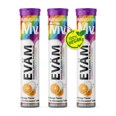 Produktbild von EVÄM Multivitamin Brausetabletten 3er Pack, mit 10 Vitaminen, jeweils 100% NRV pro Tagesportion. Vegan, fruchtiger Orangengeschmack, Germany.