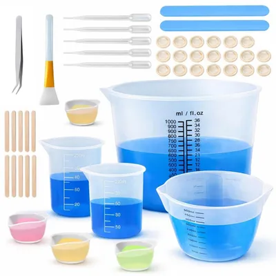 Obrázok produktu pre Sada silikónových odmerných nádob, 47 kusov. Odmerné nádoby z epoxidovej živice, objemy 1000 ml / 500 ml / 100 ml, s príslušenstvom