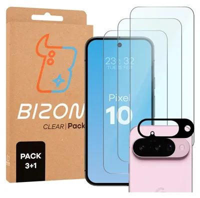 A product shot of screen protectors and a camera lens protector for a Google Pixel 10 phone, alongside its packaging.