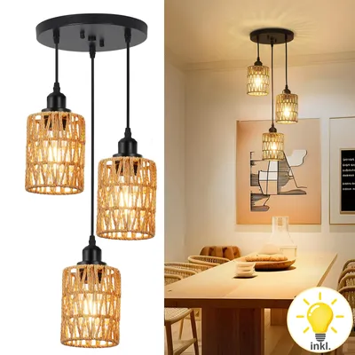 Produktbild von Pendelleuchte Rattan Esstisch 3-Flammig,Hängelampe Deckenleuchte Boho mit 3 Birnen,Deckenlampe E27 Höhenvestellbar Wohnzimmer Schlafzimmer Esszimmer