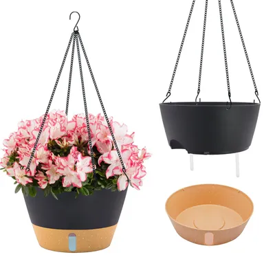 Image de Pot suspendu à arrosage automatique de 30 cm, lot de 2, avec soucoupe, indicateur de niveau d'eau et trous de drainage, pour l'intérieur et l'extérieur, gris foncé