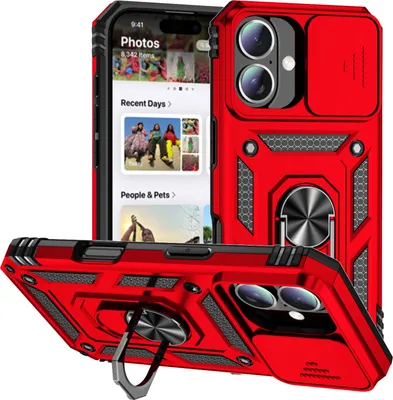 Obrázek produktu pro Pouzdro pro iPhone 16 dvouvrstvé pouzdro s posuvným krytem kamery a prstencovým stojánkem červené