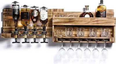 Image de Étagère murale en bois de palette avec 4 distributeurs et porte-bouteilles en bois vintage