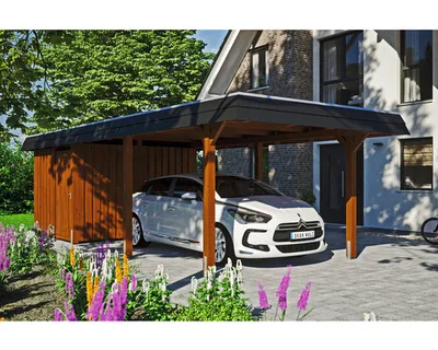 Produktbild von Einzelcarport SKAN HOLZ Wendland schwarze Blende inkl. Abstellraum, Pfostenanker 362 x 870 cm nussbaum