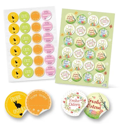 Produktbild von Logbuch-Verlag Set 48 Frohe Ostern Aufkleber Osterhase Osterdeko bunt Osteretiketten rund Verpackung Kindergeschenke Geschenke Give-Away gelb grün orange pink