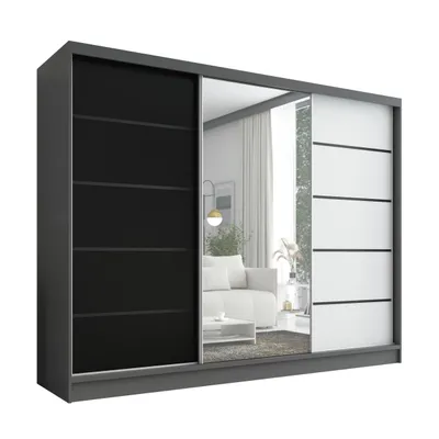 Produktbild von Schwebetürenschrank, 3-türig Schrank 200 cm mit Spiegel ARIVA 2 (Graphit/ Weiß / Schwarz)