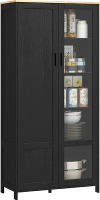 Image de HOMCOM Armoire cuisine, buffet de cuisine, vaisselier, meuble vitrine à 2 portes dont une porte vitrée - meuble de rangement avec étagères réglables et 9 compartiments, 76 x 36 x 160 cm - noir