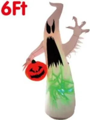 Zdjęcie produktu dla HOMCOM Samopompująca, nawiedzona dekoracja na Halloween z oświetleniem LED w kształcie ducha, poliester, biały, 105 x 65 x 180 cm