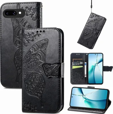 Produktbild von Für Google Pixel 9a Kunstleder Wallet Handy Tasche Schmetterling Design Hülle Etuis Schwarz