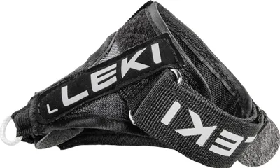 A close-up of a black and gray ski pole strap with the LEKI logo visible.