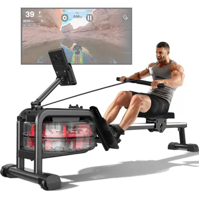 Produktbild von VOWVIT Rudergerät für zuhause, Wasser Rudergeräte mit Bluetooth Boardcomputer, Rudermaschine mit Verstellbarer Tablet-Halterung, 160KG Gewichtsbelastu