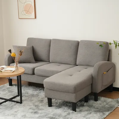 Produktbild von MODFU Ecksofa mit Chaiselongue – 3-Sitzer Sofa, Atmungsaktiver Baumwoll-Leinenstoff, Kunststoffbeine, Ideal für Wohnzimmer, Büros,Dunkelgrau