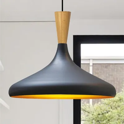 Produktbild von Champion Pendelleuchte Holz, 35 cm Hängelampe Metall E27 Moderne Skandinavisch Pendellampe für Schlafzimmer Wohnzimmer Küche Esstisch Lampe - Schwarz