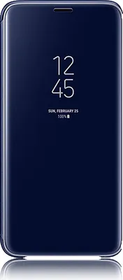A dark blue Samsung phone case with a reflective cover displaying the time and date.