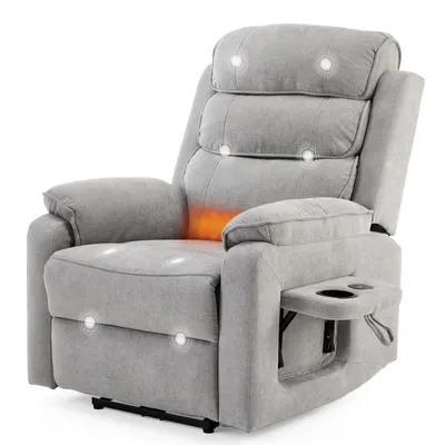 A light gray recliner chair with heating and vibration features, shown in a studio setting against a white background.