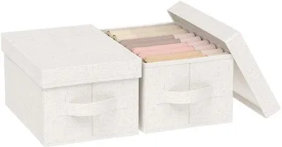 Zdjęcie produktu dla Składane pudełka do przechowywania z pokrywką – beżowe – 2 sztuki – tkanina lniana – 33 x 23 x 18 cm