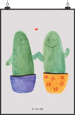 Produktbild von Mr. & Mrs. Panda Bild Kaktus Liebe DIN A2 - Grau Pastell - Geschenk, Plakat, Trennung, Paar, Love, Kakteen, wanddeko, Wandbild, drucke, Kunstdruck, Hochzeit