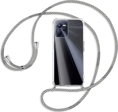 Produktbild von Handykette Backcover-Schutzhülle mit Band (Metall silberfarben) für Realme C35 - weiß/grau kariert