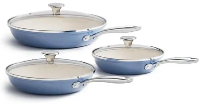 Produktbild von 6-teiliges Keramik Pfannen Set Antihaft Bratpfannen 20 24 28 cm Induktion mit Deckel Blau Backofenfest Spülmaschinenfest
