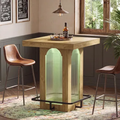 Immagine prodotto di Tavolino quadrato alto 100 cm, tavolino da bar con illuminazione a LED, poggiapiedi in metallo, tavolino in stile industriale, ideale per angolo cottura, bar domestico o sala da pranzo