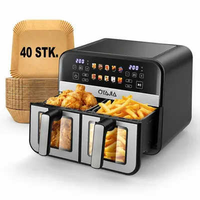 Produktbild von OYAJIA Doppelkammer-Heißluftfritteuse 2x5L | Airfryer 10L Besonders fettarme Zubereitung 10 Programme Timer punktgenaues Garen automatisches Abschalte
