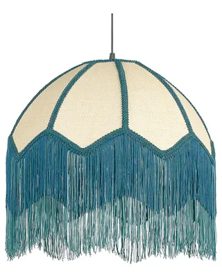 Produktbild von BELIANI Hängeleuchte Natürlich Papierschirm Oval mit Blauen Fransen Langes Kabel Retro Design Beleuchtung Leuchte Esszimmer Schlafzimmer Wohnzimmer
