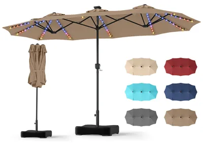 Produktbild von COSTWAY Doppelsonnenschirm 370x200cm mit Ständer, Gartenschirm mit LED-Solar-Beleuchtung, 12 Beleuchtungsmodi, 2 Lademöglichkeiten & Kurbel Braun