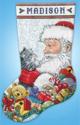 Productafbeelding van Design Works Kreuzstich Stikpakket "Kerstsok Kerstman met katje", telpatroon, 43x30 cm