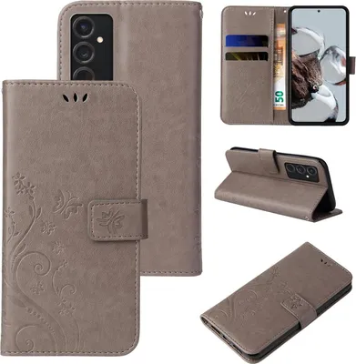 Produktbild von Handyhülle für Samsung Galaxy S24 Floral Blumen Schmetterling Flip Cover Hülle Case Klapphülle Handytasche Farbe: Grau