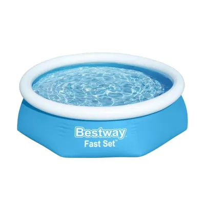 A blue inflatable pool filled with water, with a white rim, against a white background.