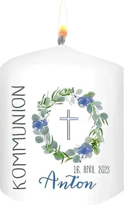 Produktbild von Gastgeschenk Kommunionkerze 60 x Ø 50 mm in Weiß "Kommunion" Blau und Namensverzierung, 12 Stück