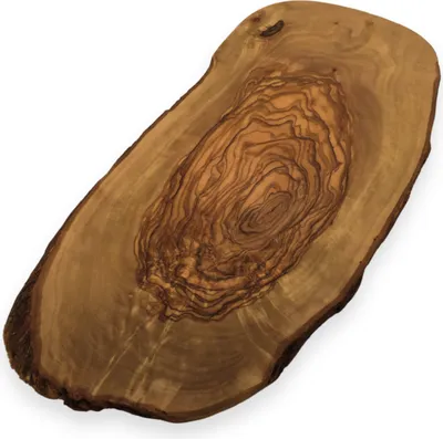 A rustic olive wood serving board with a natural edge.