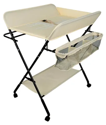 Produktbild von Wickeltisch, klappbar, Wickeltisch mit Aufbewahrungskorb, Sicherheitsgurt und 4 Rollen, höhenverstellbar (80 x 66 x 98 cm, -Beige)