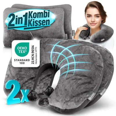 Produktbild von Reisekissen - 2in1 Memory Foam Nackenkissen Stützkissen,Nackenhörnchen, 37x27 cm - Travel Pillow für Flugzeug, Camping, Reise - Ergonomisches Kopfkissen mit Microperlen (Grau 2er Set)