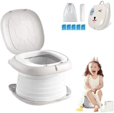 Produktbild von Tragbare Kindertoilette – Faltbar – Töpfchentraining – Urinpot für Kinder – Reise-Urinpot für Kleinkinder – Töpfchen mit Deckel – Ideal für Reisen mit dem Auto – Kinderfreundlich – Campingtoilette – Toilettenbecken – Ideal für unterwegs – Für Jungen und Mädchen – Grau