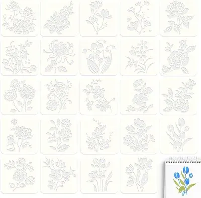 Zdjęcie produktu dla Zestaw 24 stempli kwiatowych wielokrotnego użytku do prac twórczych – stemple kwiatowe do malowania – farba w sprayu na ścianę – drewno – papier – płótno – 13 x 13 cm