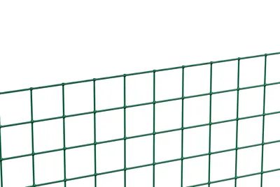 A close-up view of a green wire mesh fence against a white background.