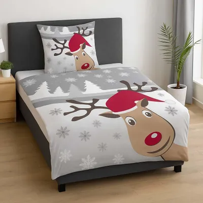 Produktbild von Fleece Bettwäsche 135 x 200 cm Kinder Garnitur Winter 2 tlg. mit Reißverschluss in Grau mit Reh