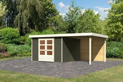 Produktbild von Karibu Gartenhaus Gerätehaus Askola 6 im Set mitAnbaudach 2,40 m Breite und 19 mm Rückwand terragrau 522x306x216 cm