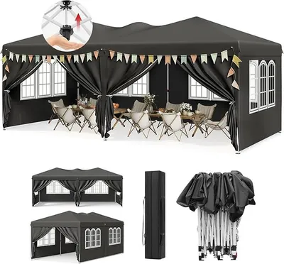 Image de Pavillon, avec 6 panneaux latéraux, tente pliante 3x6, imperméable et réglable en hauteur, avec sac de transport, protection UV, idéal pour les fêtes en extérieur, le jardin et le camping, couleur grise