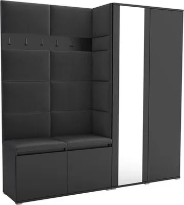 A black upholstered hallway furniture set with a bench, storage compartments, coat hooks, and a full-length mirror.